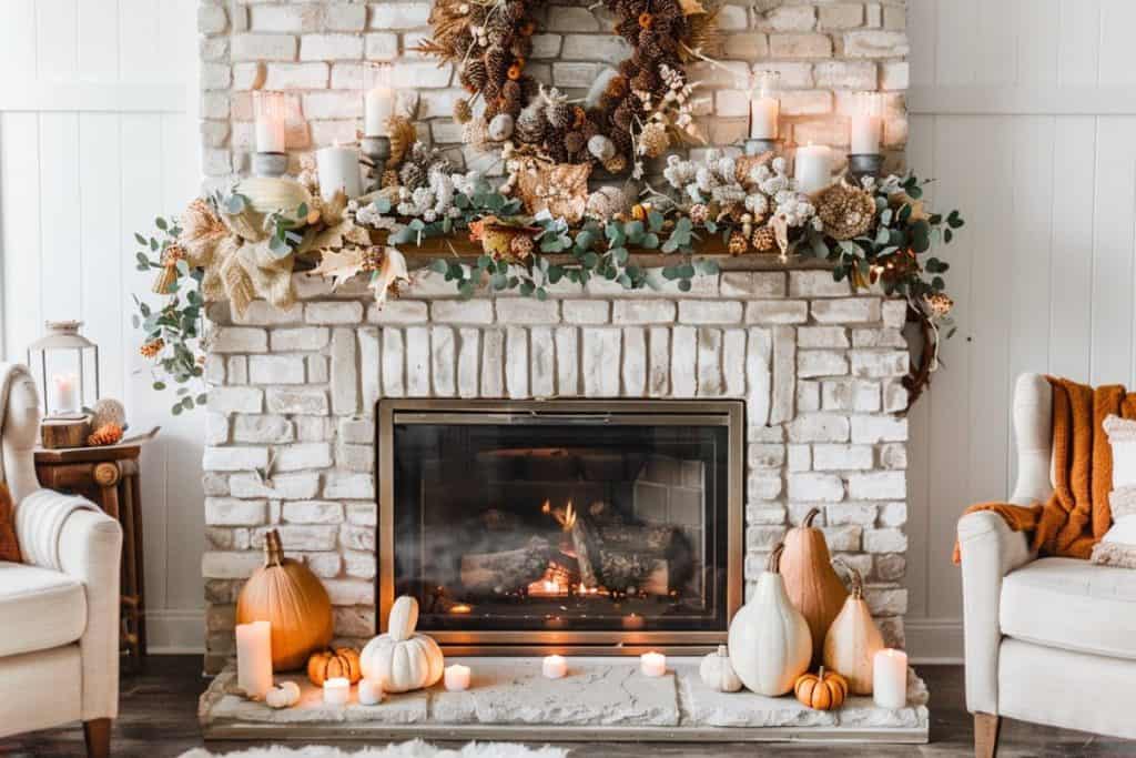 A white brick fireplace mantel adorned with a lush garland of white flowers and eucalyptus, white candles, and minimalistic vases. The design is elegant and serene.