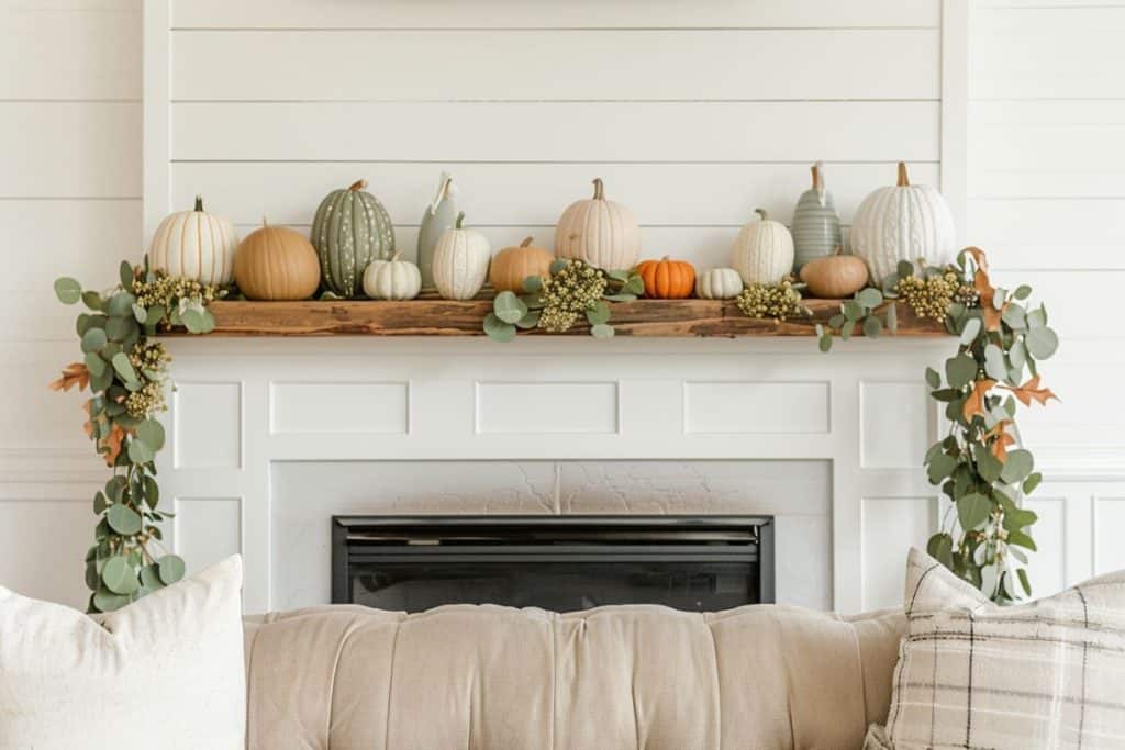 A brick fireplace mantel decorated with a garland of green leaves and autumn-colored foliage, surrounded by lanterns and candles. A variety of pumpkins add a seasonal touch.
