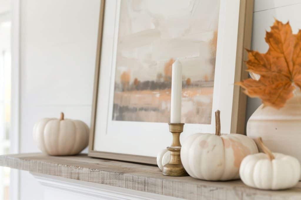 A rustic mantel decorated with pumpkins of various sizes and colors, accompanied by greenery and small gourds. The display is simple and inviting.