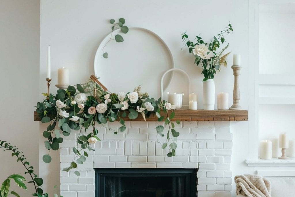 A fireplace with a wooden mantel adorned with green garlands, candles, and orange pumpkins. The arrangement is festive and cozy, perfect for autumn.