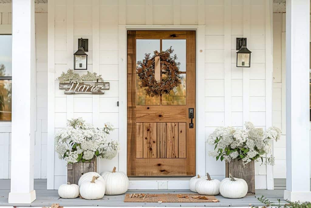 A white porch with a wooden front door, decorated for fall with a dried wreath, white pumpkins, and potted white flowers on either side.