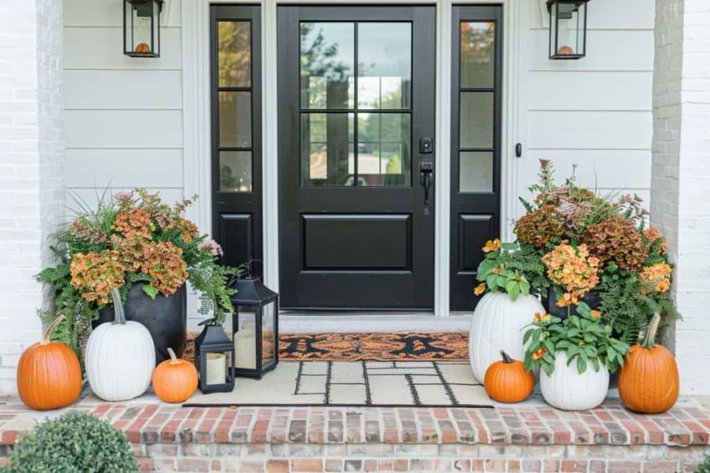 A black front door flanked by glass panels, decorated with vibrant orange and white pumpkins, fall flowers, and lanterns. The brick steps add a welcoming touch to the autumn decor.