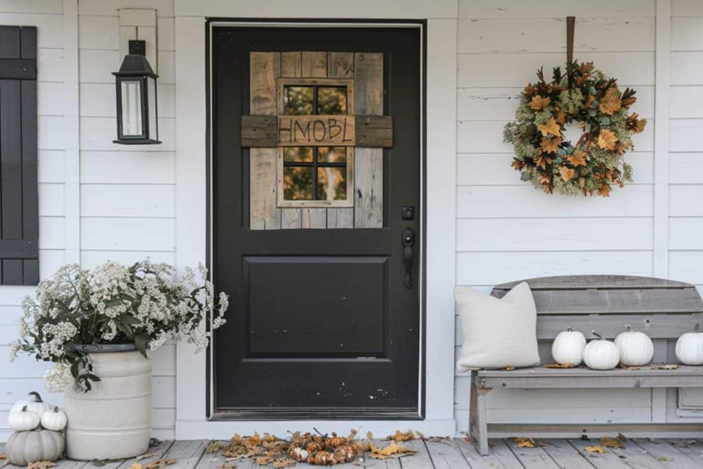 A black front door , PORCH decorated with a fall wreath and flanked by white flowers in a ceramic pot. A bench with a cushion and white pumpkins sits to the right.