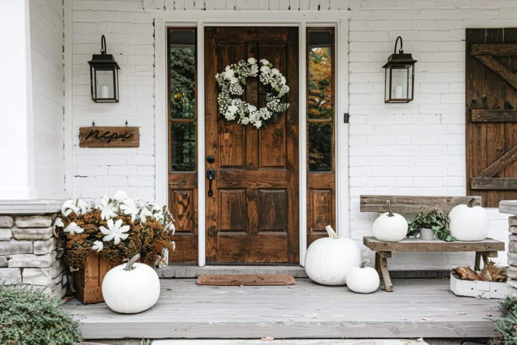 A rustic porch featuring a dark wooden front door adorned with a white floral wreath. White pumpkins and pots of white flowers add to the autumn decor