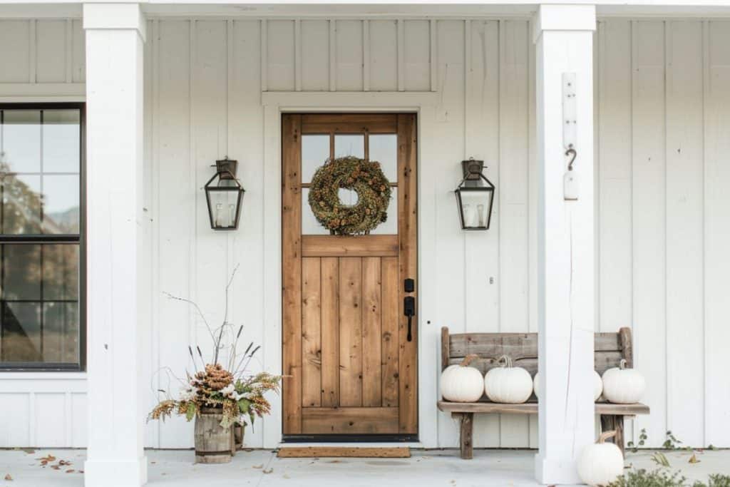 A white porch with a wooden front door, featuring a dried wreath and white pumpkins. A bench with white pumpkins and a floral arrangement in a rustic container adds to the fall theme.
