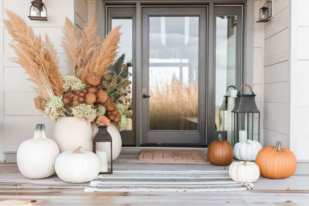 A modern porch with a glass front door, decorated with white and orange pumpkins, dried floral arrangements, and lanterns. The setup highlights a minimalist fall theme.