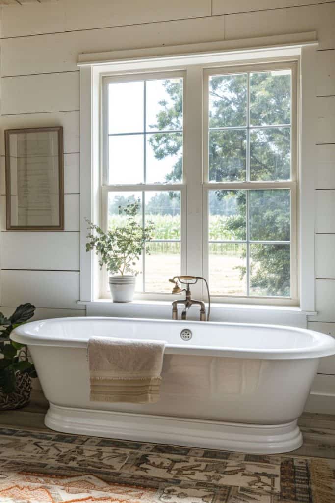 Freestanding white bathtub with a towel draped over the edge, situated under a large window with a view of green fields, potted plant on the windowsill, and rustic white shiplap walls.