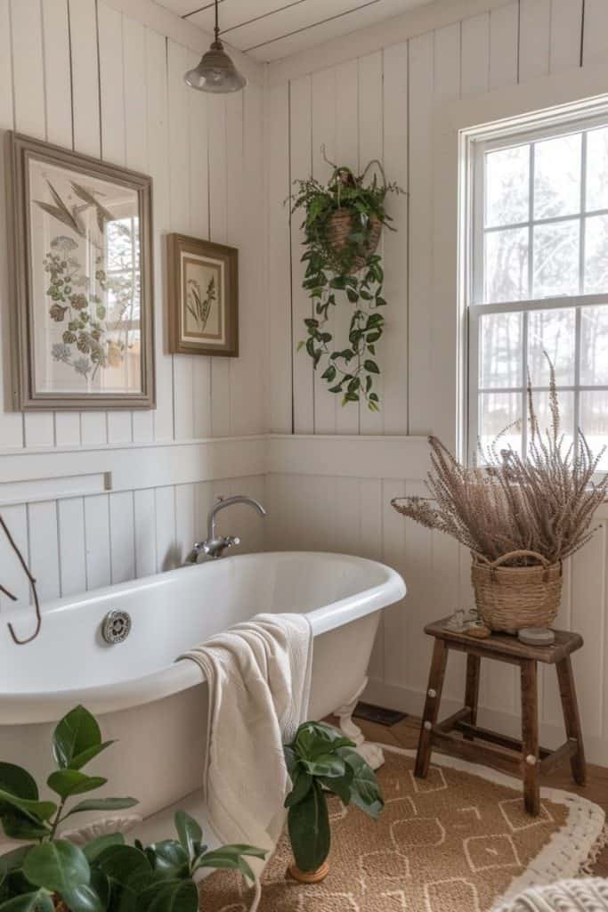 Cozy bathroom featuring a white clawfoot tub with a white towel, surrounded by framed botanical prints, hanging plants, and a small wooden stool with a basket of dried flowers.