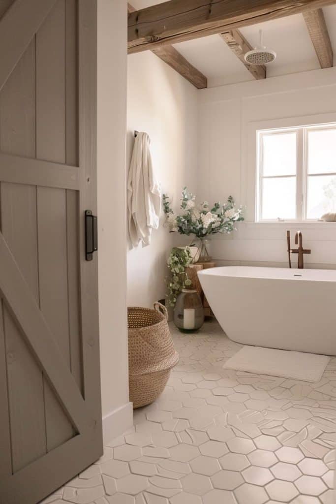 Modern farmhouse bathroom with a white freestanding bathtub, hexagonal floor tiles, rustic wooden beams on the ceiling, and a woven basket for storage.
