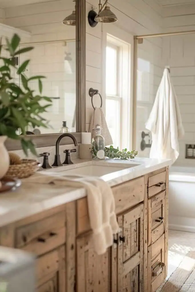 Bathroom with a rustic wooden vanity, white countertop, farmhouse sink, and a mix of modern and vintage fixtures, including a large mirror and metal pendant lights.