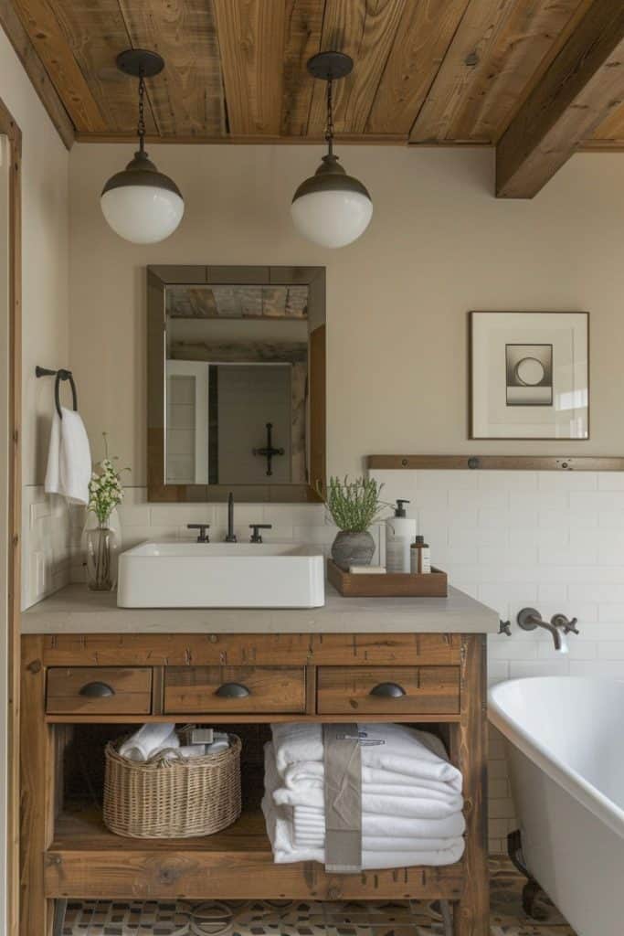 Bathroom featuring a white freestanding bathtub with brass fixtures, a large window, and a mix of rustic and modern decor elements, including a distressed white vanity and an area rug.