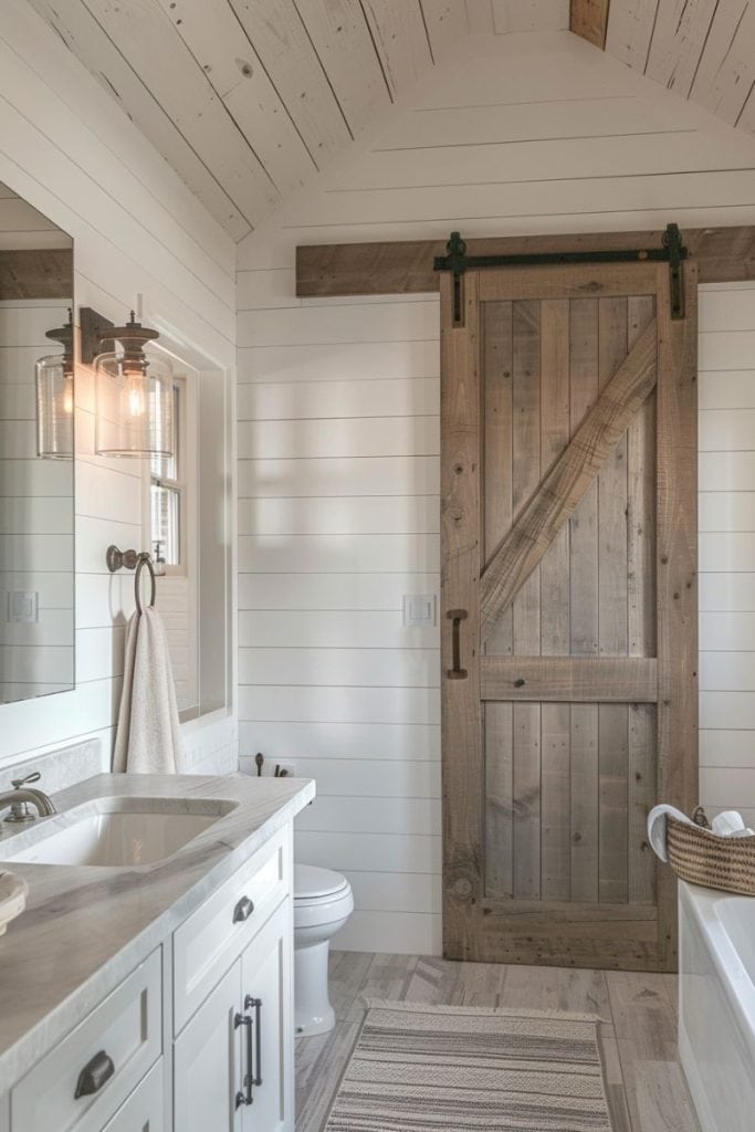 White shiplap bathroom with a sliding barn door, large vanity with open shelving, wicker baskets, and a vase of fresh white flowers on the counter.
