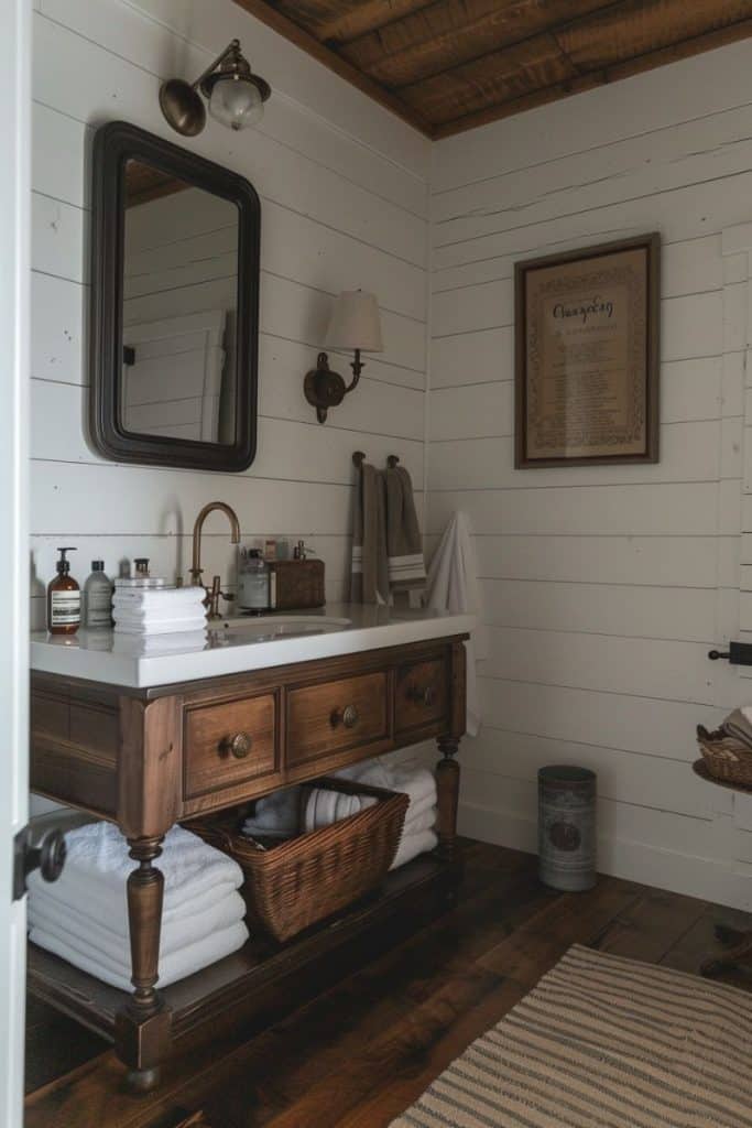 Bathroom with a green distressed wood vanity, white sink, brass fixtures, and a mix of rustic and modern elements, including a woven basket and potted plants.
