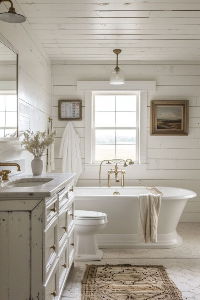 Bathroom with a rustic wooden vanity, white basin sink, large mirror, and farmhouse-style light fixtures, with rolled towels and toiletries neatly arranged.