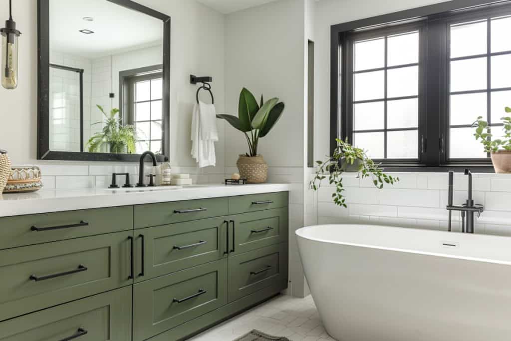 A modern bathroom featuring a freestanding white bathtub, large black-framed windows, and a green vanity with black hardware. The room is decorated with potted plants and has a bright, airy feel.