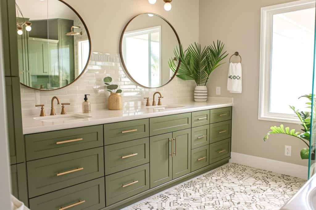 A spacious bathroom with a green vanity and gold hardware. The room includes double sinks, large round mirrors, and decorative plants, creating a fresh and modern look. ​​