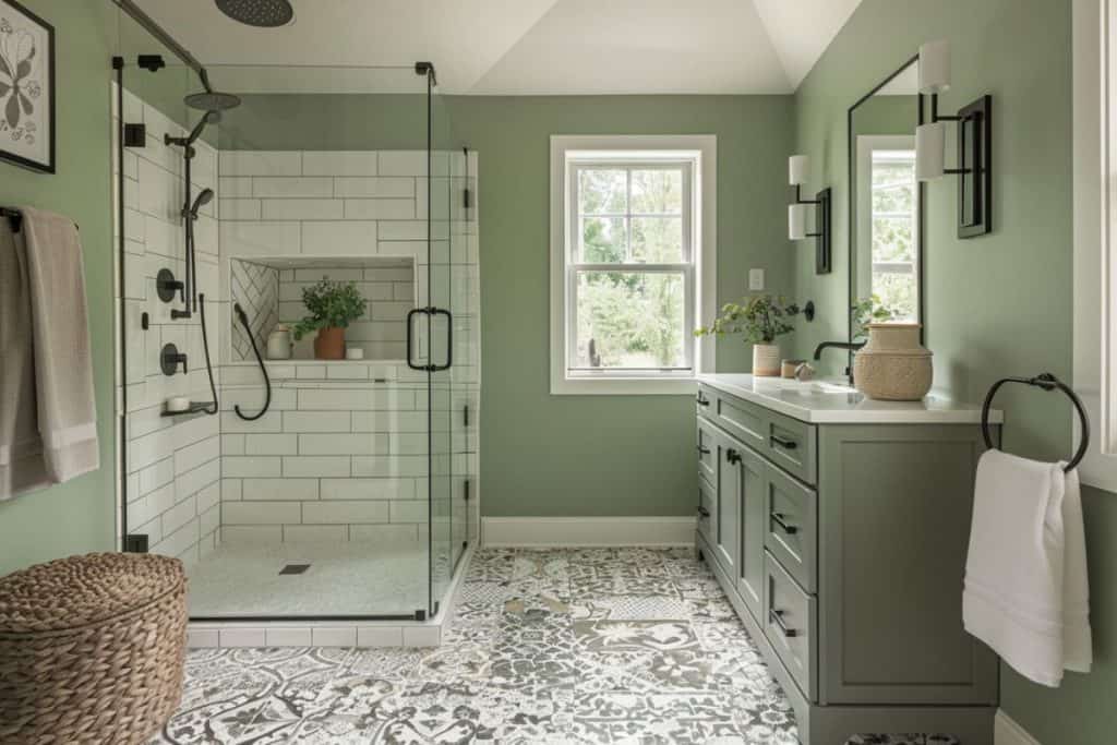 A contemporary bathroom with a green vanity, a glass-enclosed shower, and patterned floor tiles. The vanity features black hardware and is decorated with plants and woven baskets.