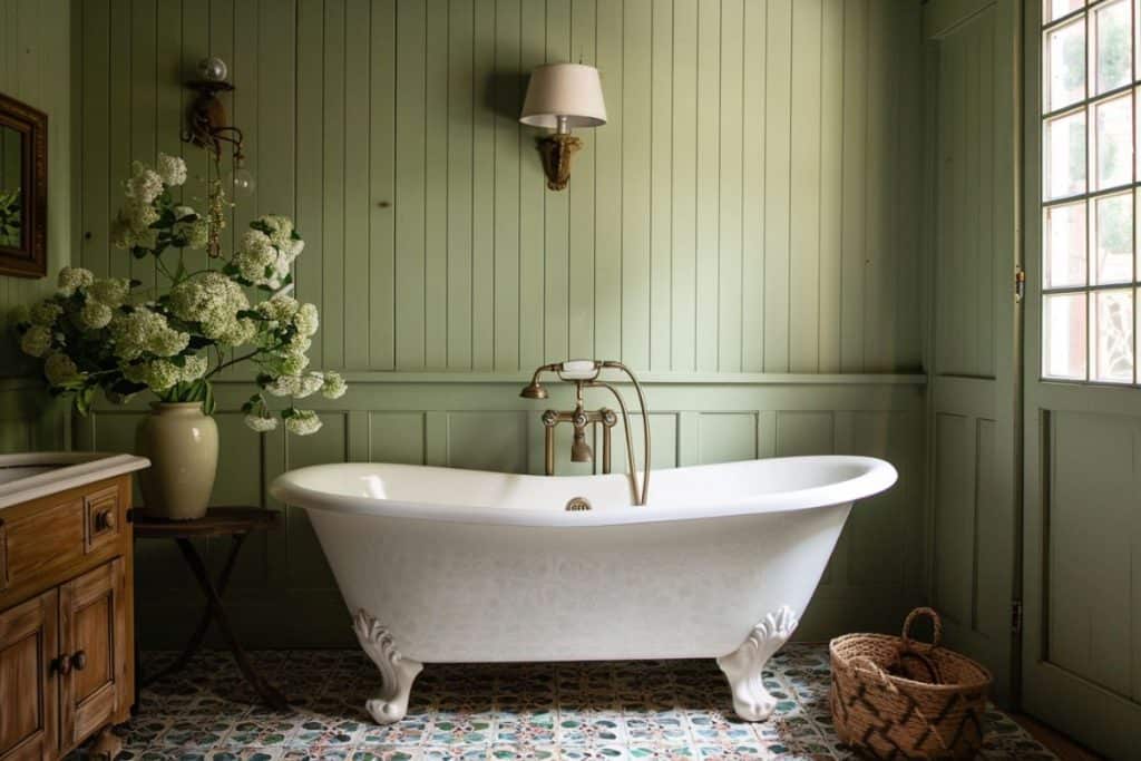 A vintage-style bathroom with a clawfoot bathtub, light green paneling, and a large vase of white flowers. The space includes a wooden vanity and patterned floor tiles, creating a classic and elegant look.