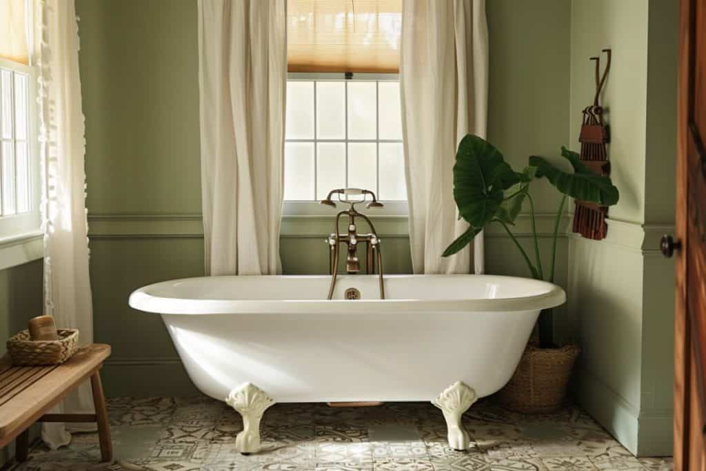 A serene bathroom with a clawfoot bathtub, light green walls, and large windows with sheer curtains. The space includes a potted plant and a wooden bench, adding a natural and calming touch.