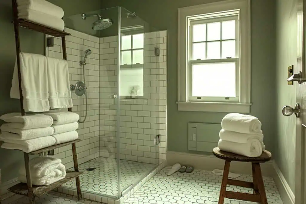 A cozy bathroom with a glass-enclosed shower, white subway tiles, and hexagon floor tiles. The space features a wooden ladder for towel storage and a stool with neatly folded white towels.