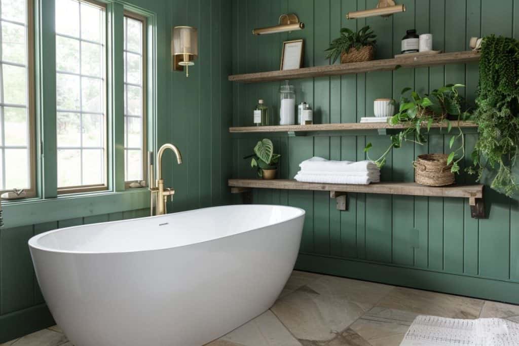 A rustic bathroom with a freestanding white bathtub, dark green paneling, and wooden shelves. The shelves are decorated with plants, toiletries, and woven baskets, creating a warm and inviting atmosphere.