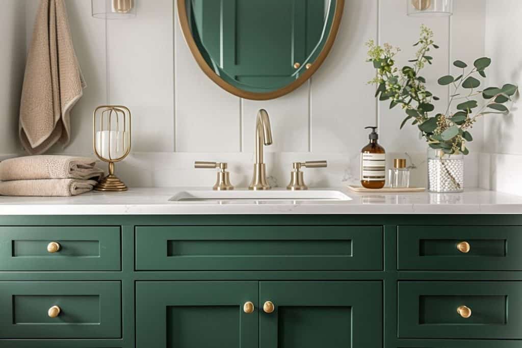 A chic bathroom with a green vanity adorned with brass hardware, a round mirror, and brass fixtures. The counter holds neatly folded towels, a soap dispenser, and a vase with green foliage.