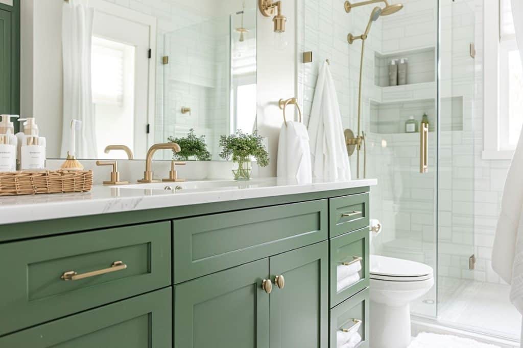 A bright bathroom with a green vanity, brass fixtures, and a large mirror. The space includes a walk-in glass shower and is decorated with small plants and a basket of toiletries.