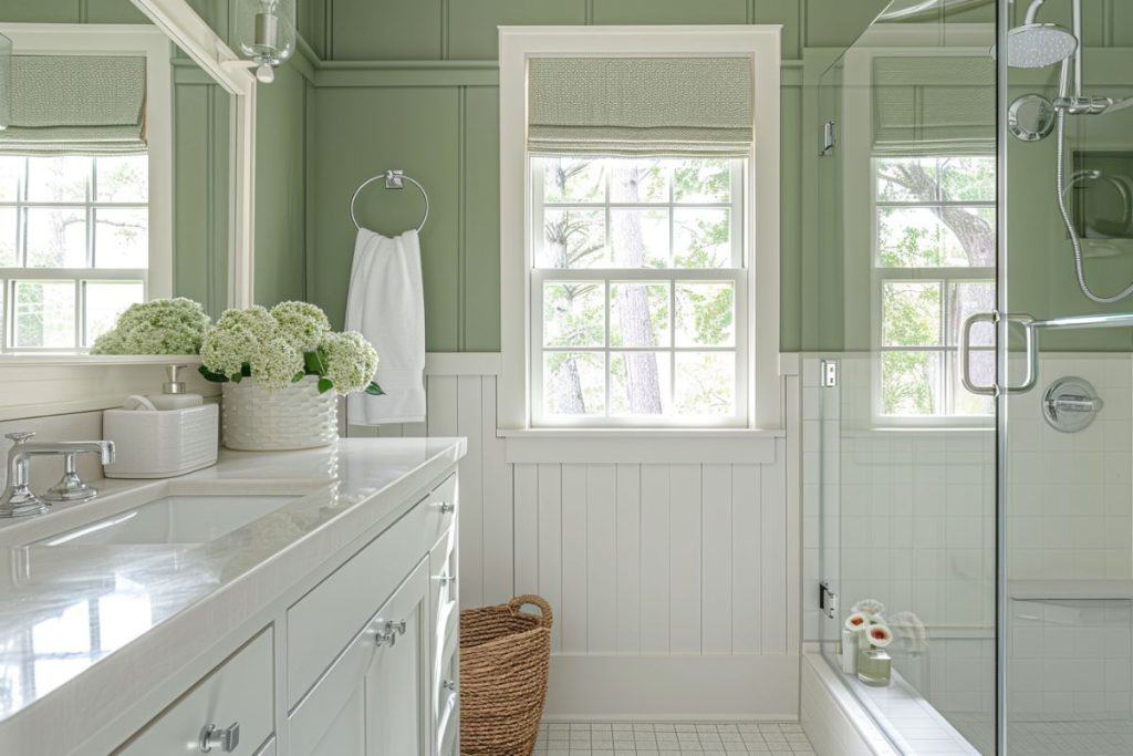 A serene bathroom with a white vanity and green paneling on the walls. The space features large windows, a glass shower, and a countertop decorated with a vase of white flowers and neatly arranged toiletries.