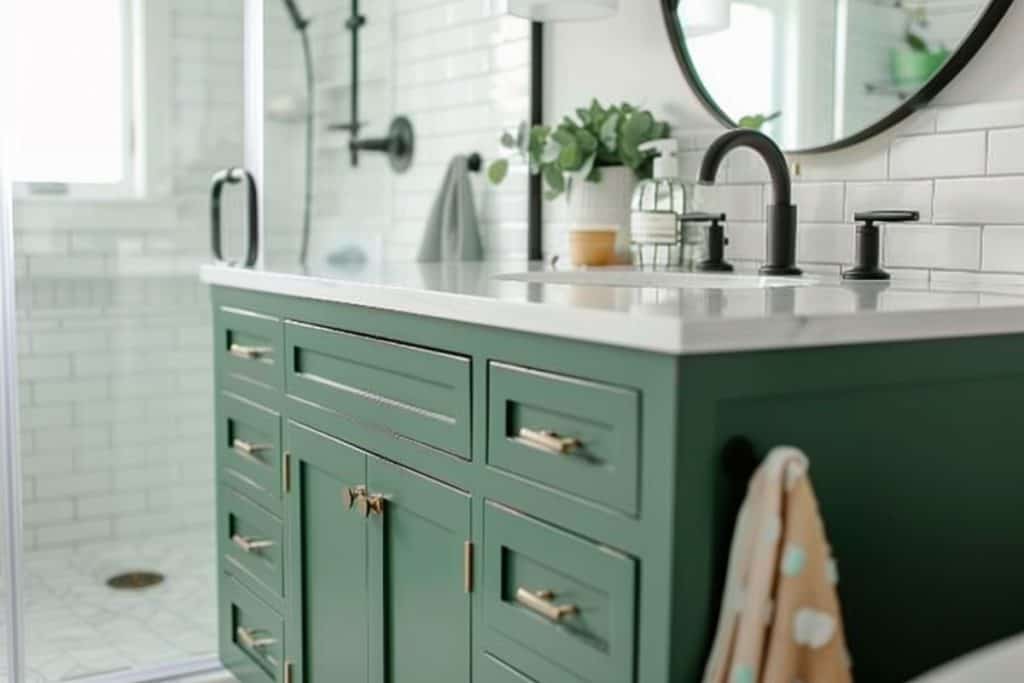 A minimalist bathroom with a green vanity, black fixtures, and a round mirror. The space includes a glass shower with white subway tiles and a few decorative plants.