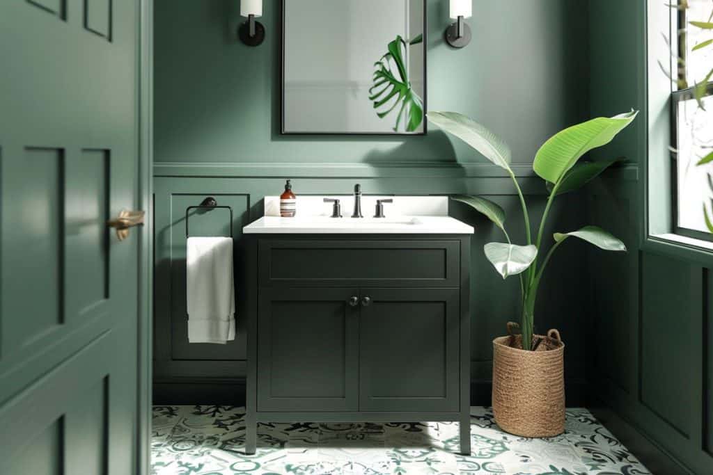 A stylish bathroom with dark green walls and a matching vanity. The space features a large mirror, black fixtures, and a potted plant for added greenery.