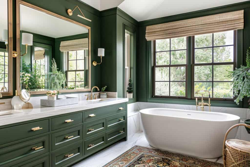 A luxurious bathroom with a green vanity, brass hardware, and a freestanding white bathtub. The room is accented with large windows, a woven rug, and greenery for a touch of nature.