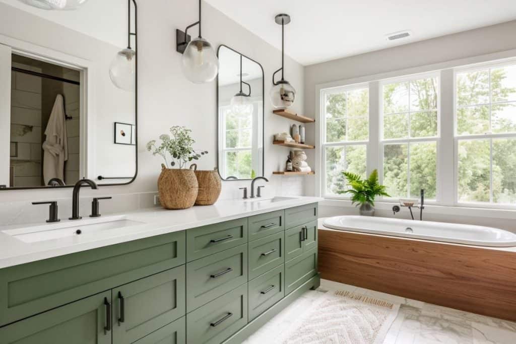 A bright and airy bathroom with a green vanity, black fixtures, and double sinks. The space features large mirrors, hanging pendant lights, and a wooden bathtub, decorated with plants and baskets.