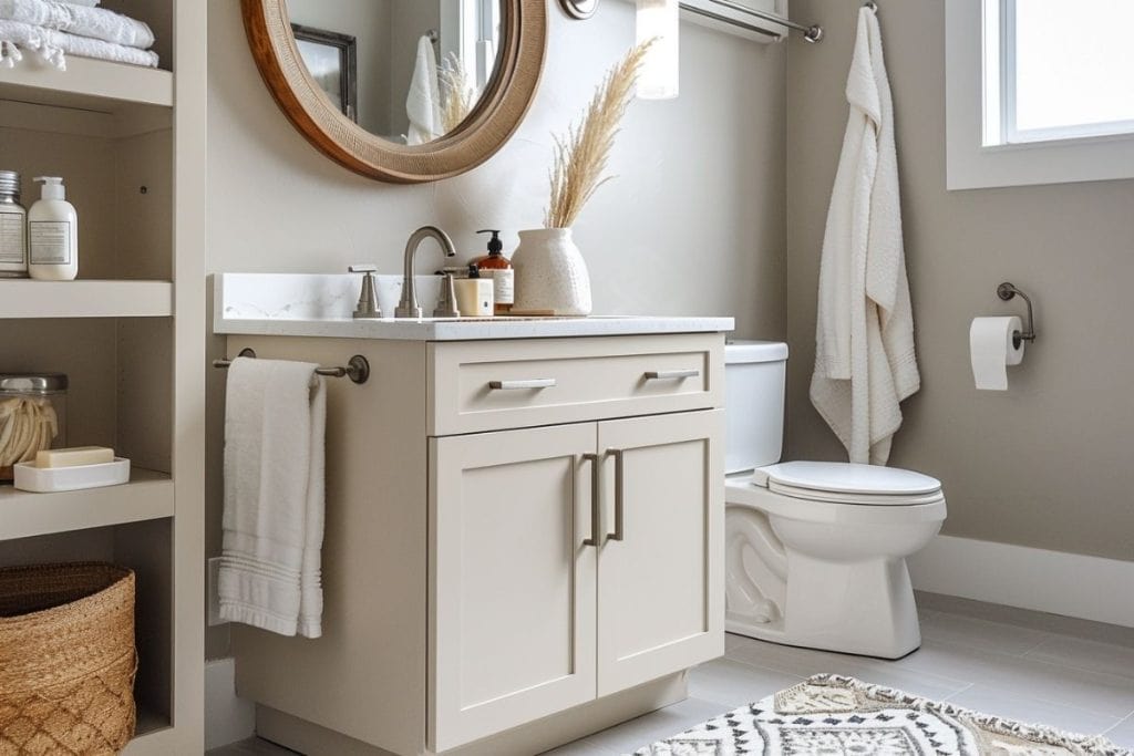A neutral-toned bathroom with a white vanity, round wooden mirror, and simple decor. A vase with dried pampas grass and neatly folded towels contribute to the clean, modern look.