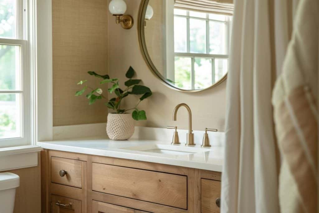 A bathroom with a wooden vanity, round mirror, and gold fixtures. The vanity top features a woven basket with a potted plant, and the room is softly lit by natural light from a nearby window.