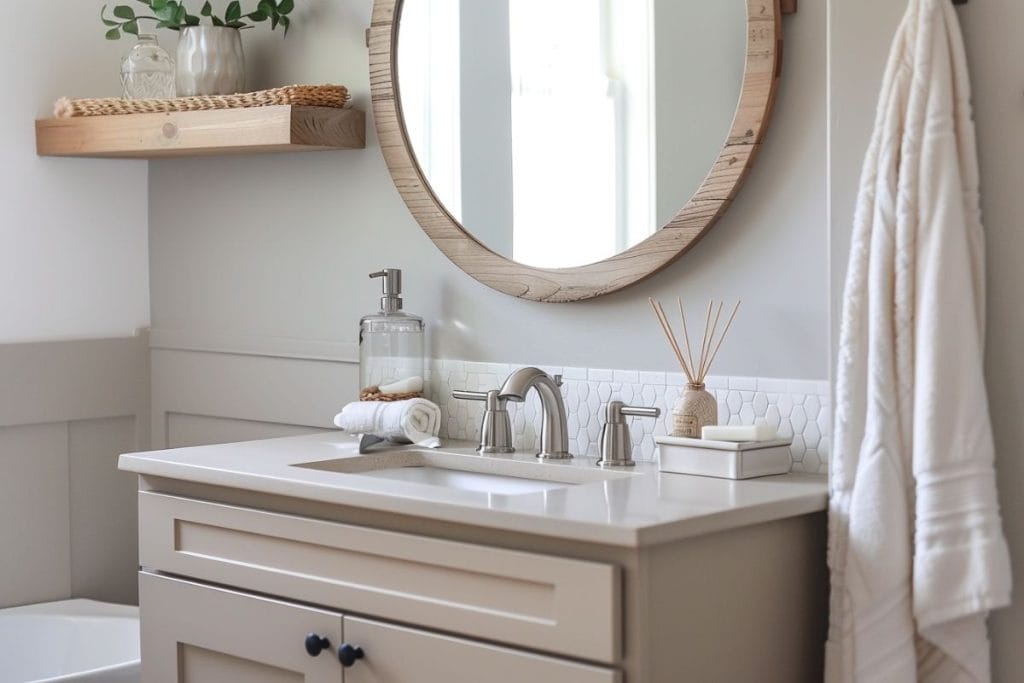 A bathroom with a light wood vanity, round mirror, and silver fixtures. The vanity top is decorated with a clear soap dispenser, a small vase with a plant, and reed diffusers.