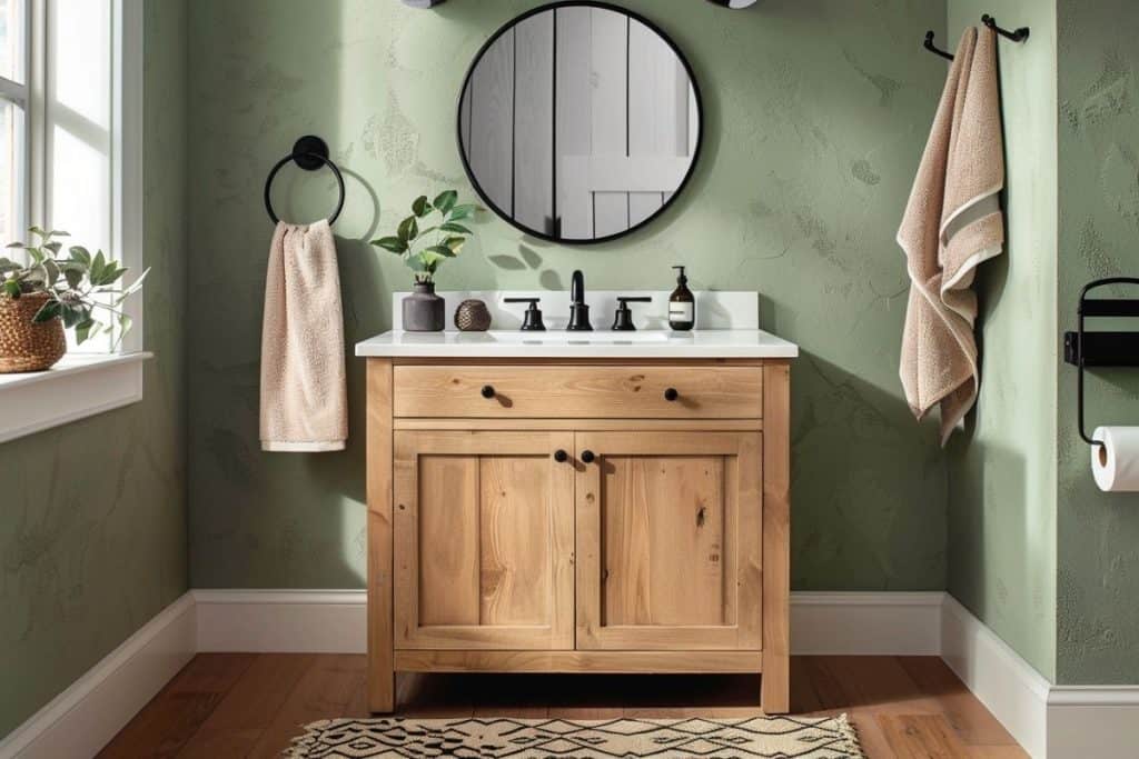 A rustic bathroom with a green wall, wooden vanity, and black fixtures. A round mirror hangs above the sink, with potted plants and hand towels adding to the decor.