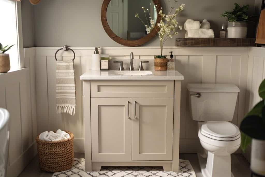 A bathroom with a beige vanity, round mirror, and stainless steel fixtures. The vanity top features a potted plant, soap dispenser, and decorative items, with a striped towel hanging nearby.