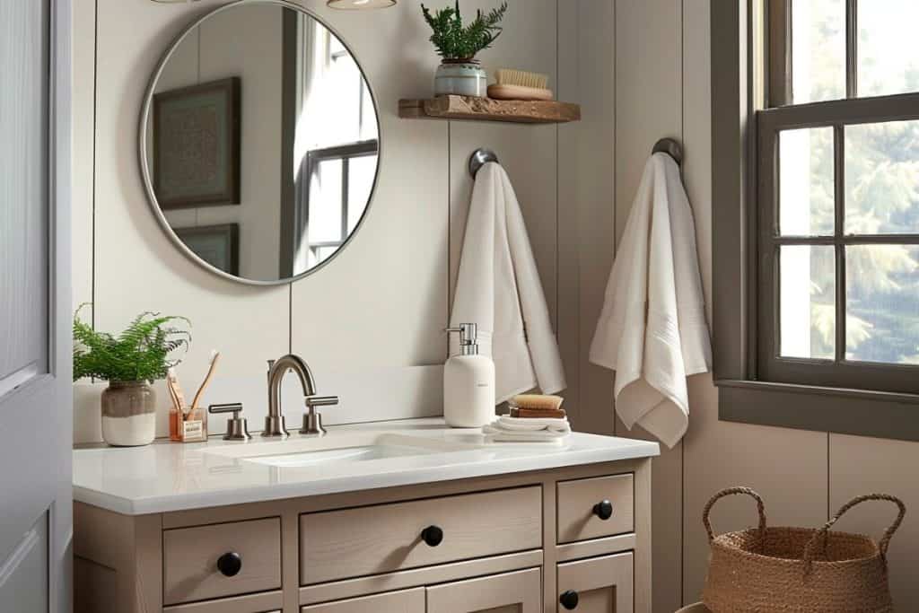 A cozy bathroom with a wooden vanity, round mirror, and black fixtures. The vanity is adorned with a basket of toiletries, a potted plant, and a decorative towel.