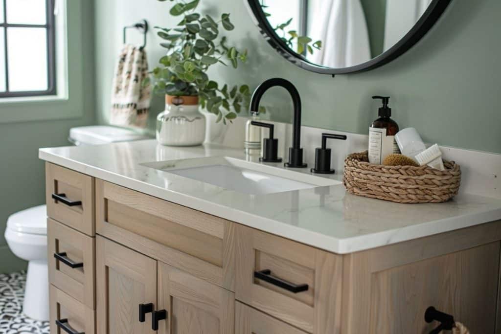 bathroom with a white vanity, round mirror, and black fixtures. The vanity top includes a wicker basket with toiletries, and the room is accented with a potted plant and a towel rack.