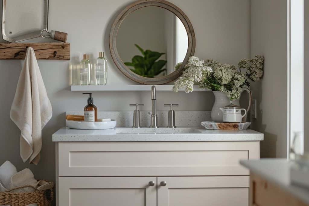 A minimalist bathroom with a white vanity, round mirror, and black fixtures. The vanity is decorated with a black soap dispenser and a potted plant, with woven baskets for storage below.