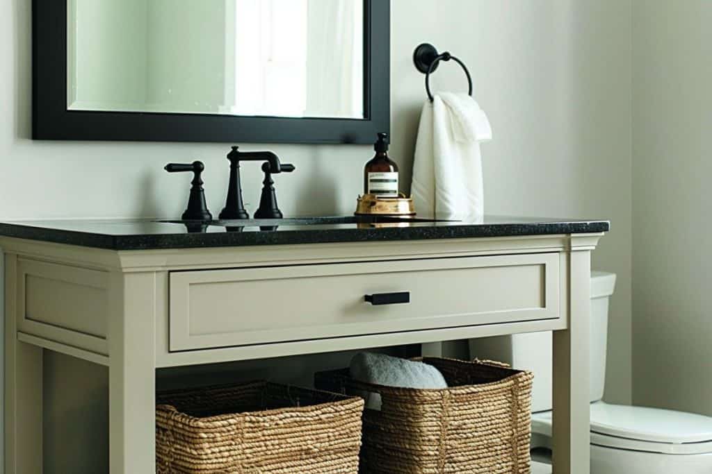 A modern bathroom with a light wood vanity, round mirror, and black fixtures. The vanity features a woven basket of toiletries, a white soap dispenser, and a potted plant.