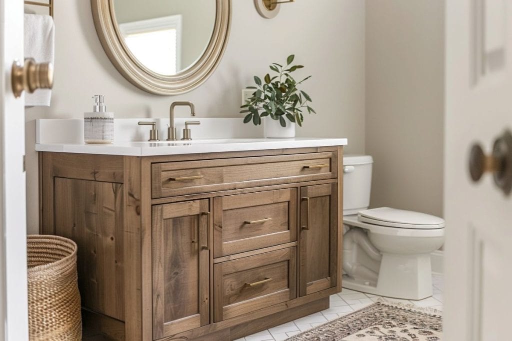 A bathroom with a white vanity, round mirror, and brushed nickel fixtures. The vanity is decorated with a vase of white flowers, a soap dispenser, and a white towel.