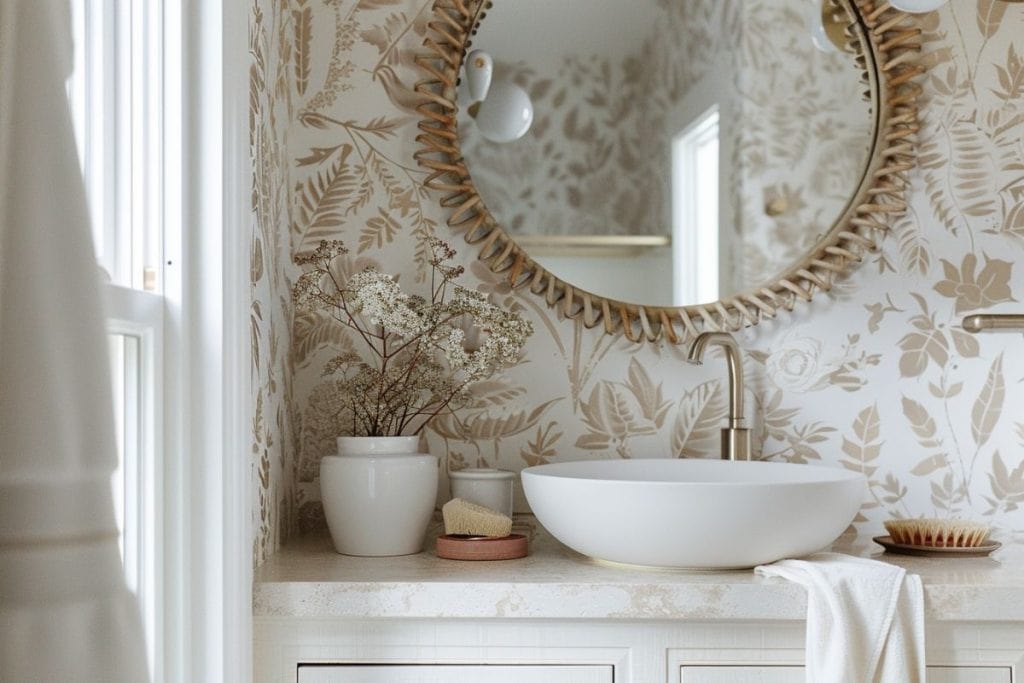A stylish bathroom with beige floral wallpaper, a round mirror with a unique frame, and a white vessel sink. The vanity top holds a vase with dried flowers and small decorative items.