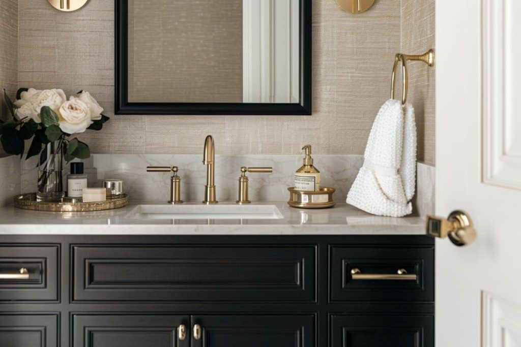 A sophisticated bathroom with a black vanity, marble countertop, and brass fixtures. A black-framed mirror and a vase of roses add elegance, complemented by gold and white accessories