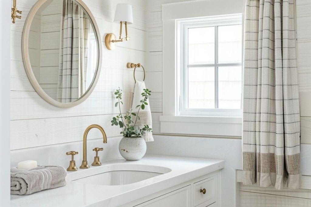 A cozy bathroom with a white vanity, round mirror, and gold fixtures. The space is decorated with a potted plant, a hand towel, and a striped curtain by the window.