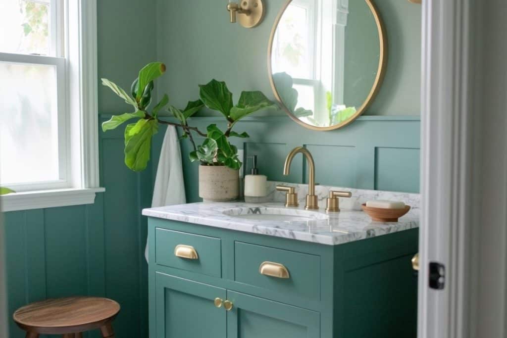 A bathroom with teal paneled walls, a white marble countertop, and gold fixtures. A round mirror and a large potted plant add freshness to the space, with a wooden stool placed nearby.