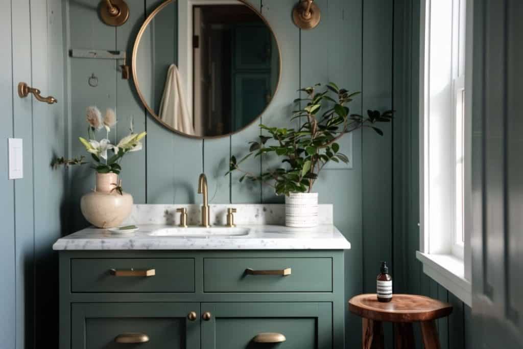 A serene bathroom with light teal walls, a round mirror, and gold fixtures. The vanity is decorated with a vase of flowers, and a wooden stool sits by the window, creating a tranquil atmosphere