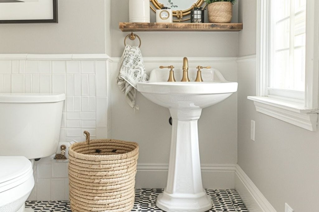 charming bathroom with a pedestal sink, white wainscoting, and a wicker basket. A small shelf above the sink holds decorative items and a framed picture, enhancing the cozy feel.
