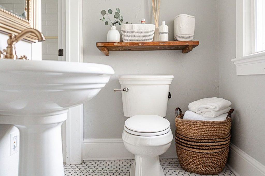 A minimalist bathroom featuring a pedestal sink, white toilet, and a wooden shelf with neatly arranged items. A wicker basket next to the toilet holds folded towels, adding a touch of warmth.