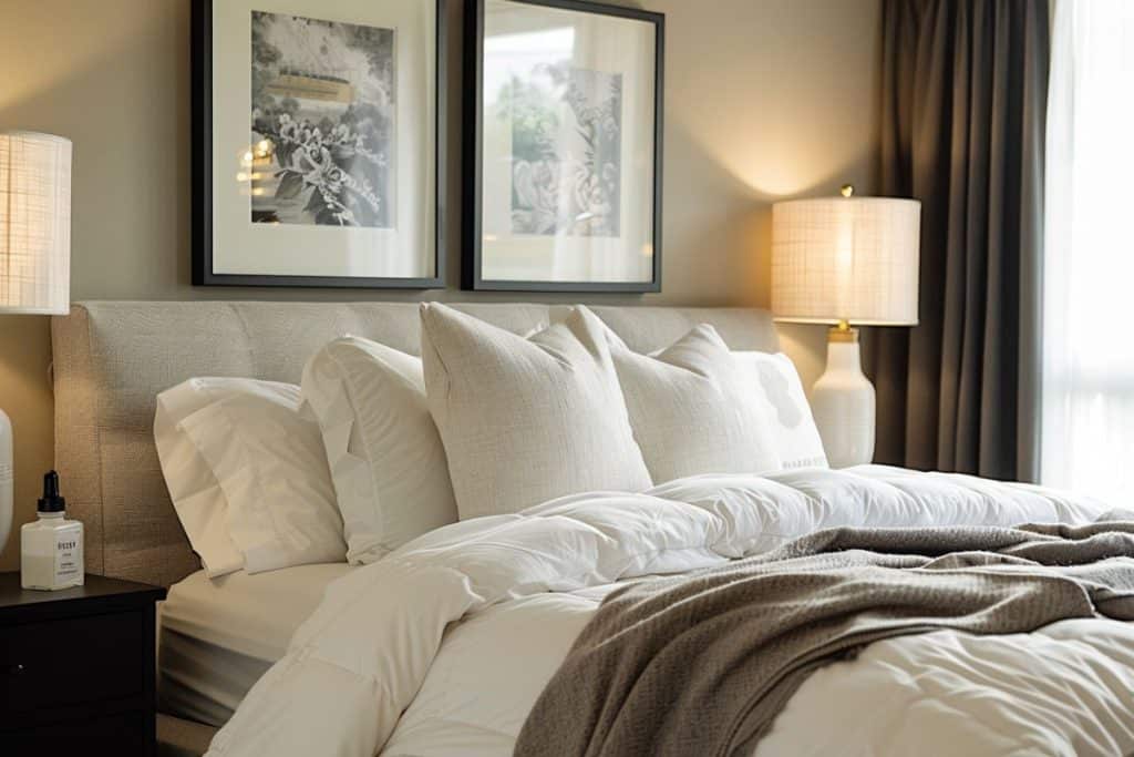 A hotel vibe bedroom featuring a beige upholstered bed, adorned with crisp white bedding and several large, plush pillows. Two framed artworks hang above the headboard, flanked by modern table lamps on either side.